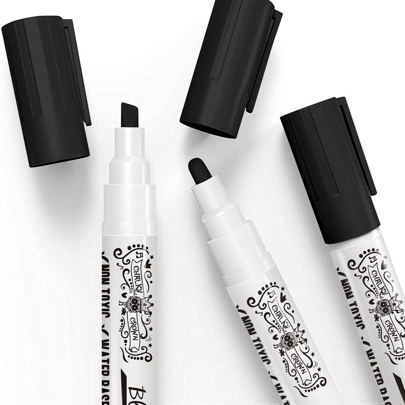 CHALKY CROWN قلم ماركر سائل تشالكي كراون - قلم مسح جاف - أقلام طباشير لعلامات السبورة، النوافذ، السبورة السوداء، الزجاج - طرف قابل للعكس 6 مم (أسود، 5 عبوات) - Image 3